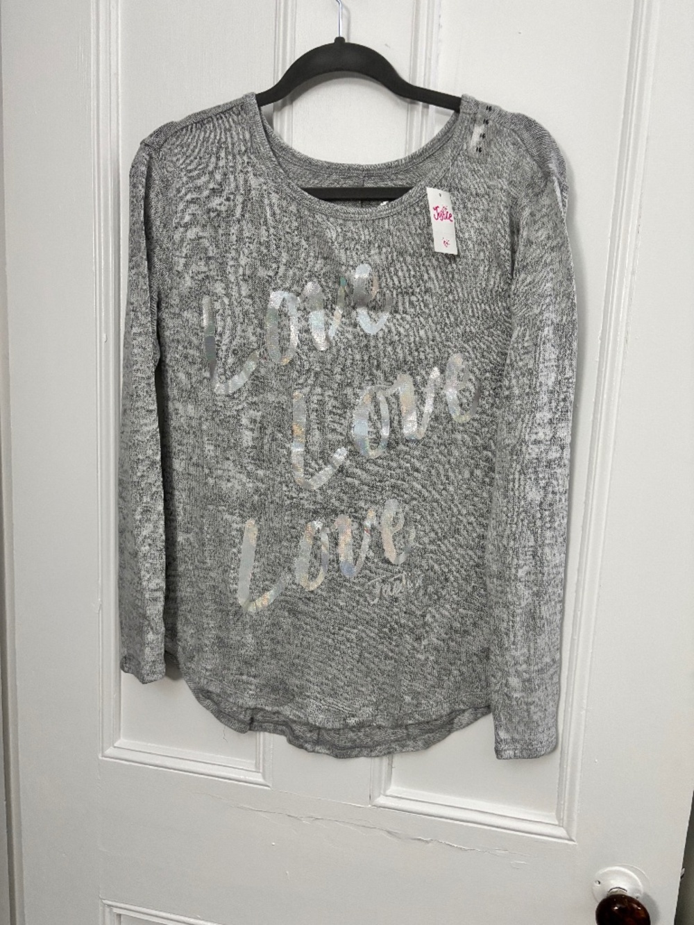 NWT Love gray sweater silver metallic graphic